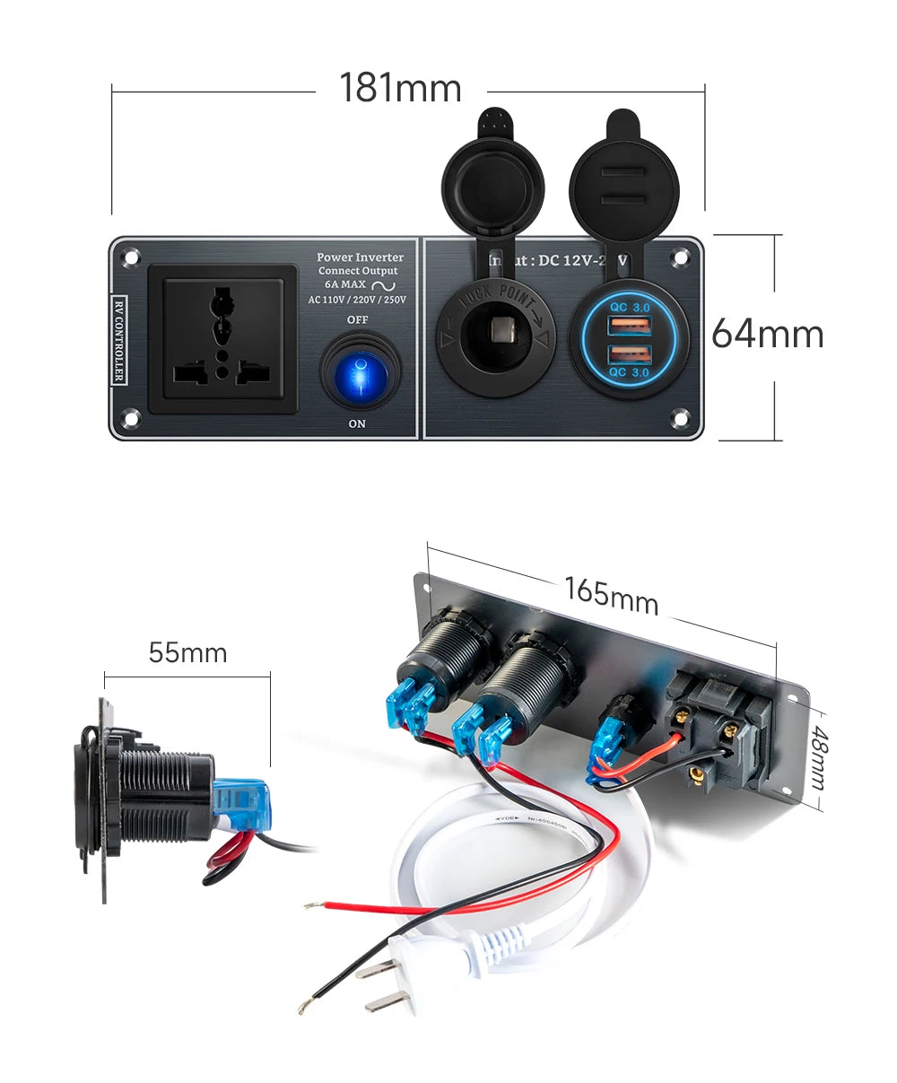 Chargeur de voiture multifonctionnel onduleur à panneau en aluminium AC110V 220V double port USB QC3.0 12V 24V pour VR, yacht, remorques de voyage