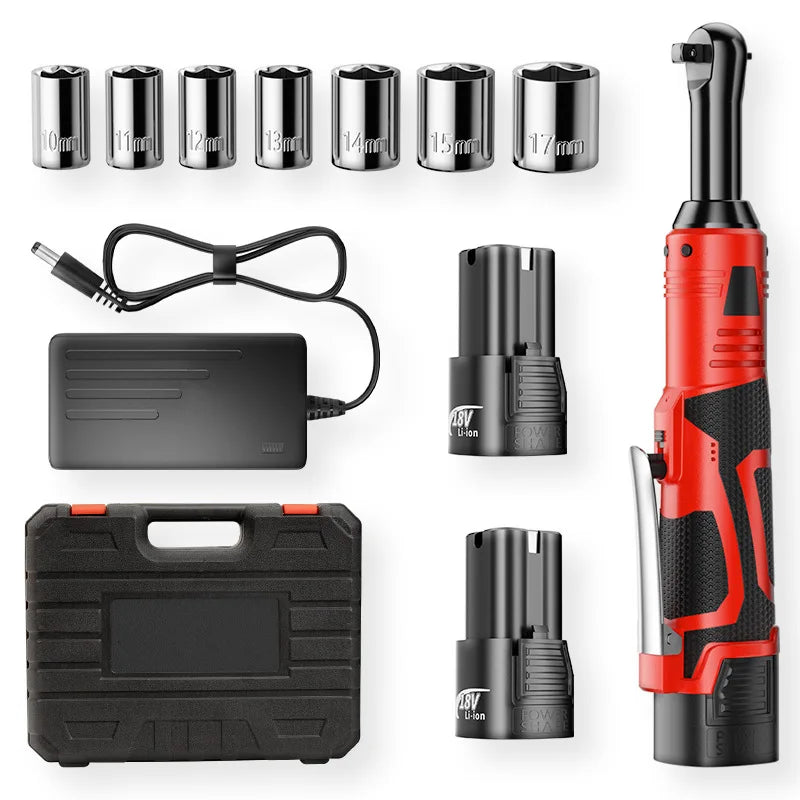 16.8V/18V Cordless Right Angle Ratchet Wrench 450RPM 3/8 Inch Drive Electric Wrench Portable Nut Disassembly Spanner Car Motorcycle Bicycle Repair Maintenance Hand Tool With 2 Lithium Batteries