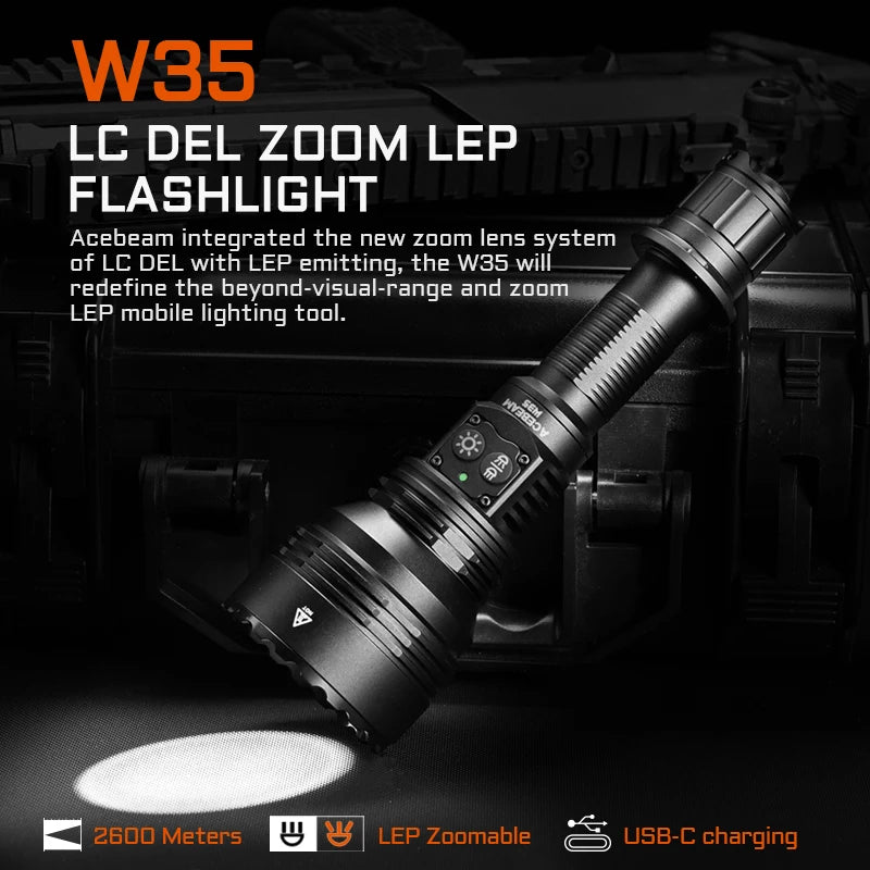 ACEBEAM W35 LC DEL Zoom LEP Flashlight 800 Lumens ultra 2600 Meter Throw DIstance 21700 battery tactical flashlight