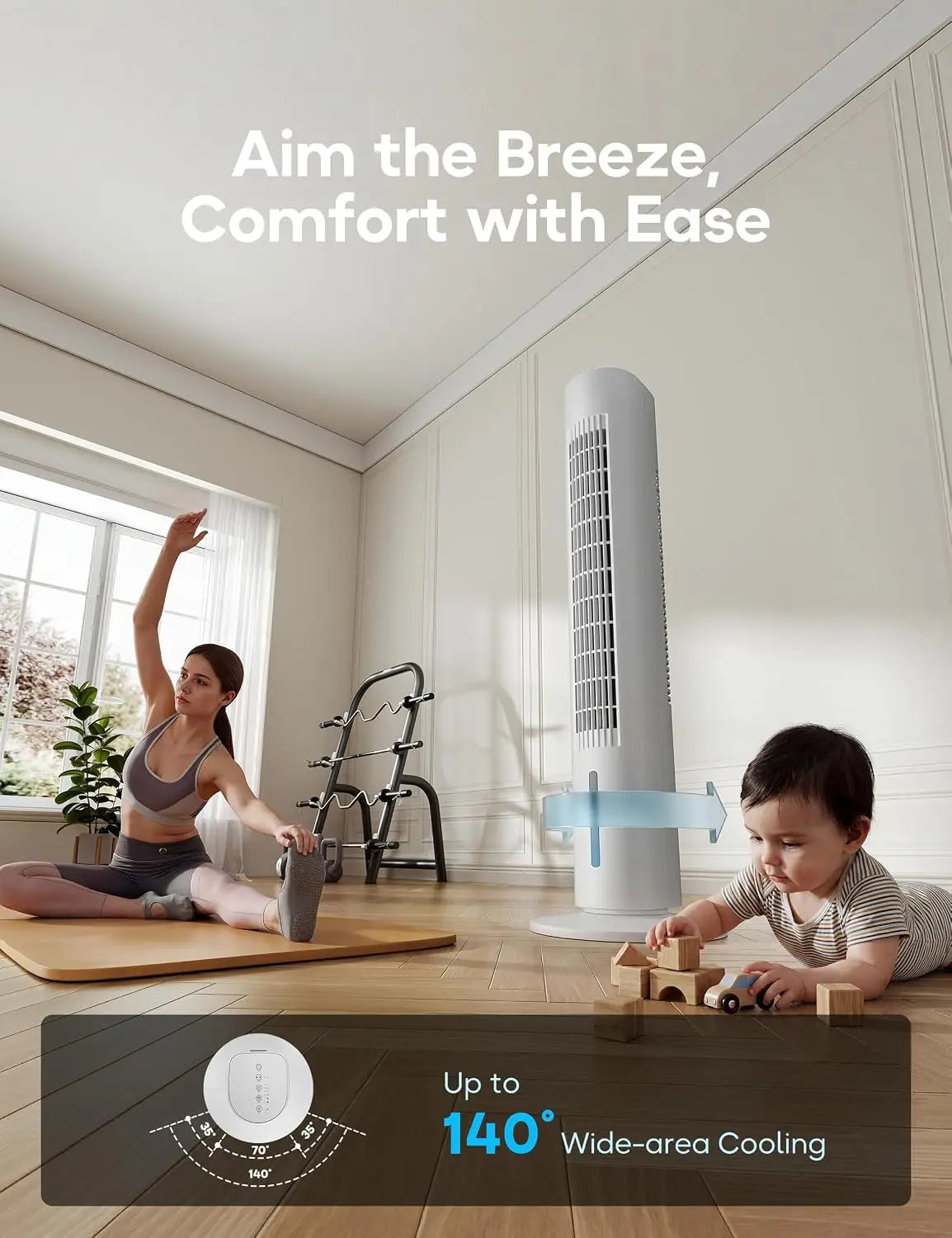 Portable Evaporative Air Cooler, 35in No Window Needed, 7H Timer, 4 Modes, Remote, 140° Oscillation, Quiet AC for Bedroom, White