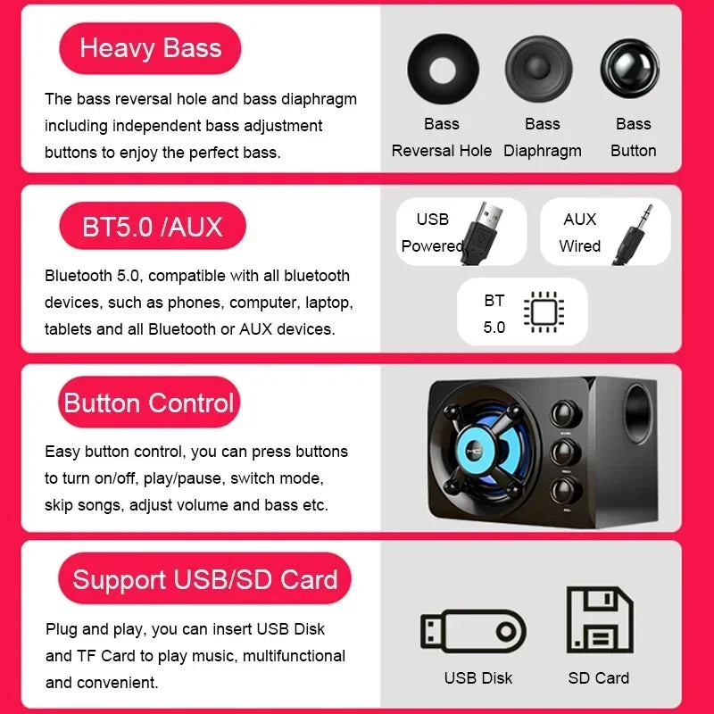 Powerful Bluetooth Speakers Colorful LED Home TV Theater Sound Wireless Subwoofer 3D Stereo Surround Wooden Material USB Wired
