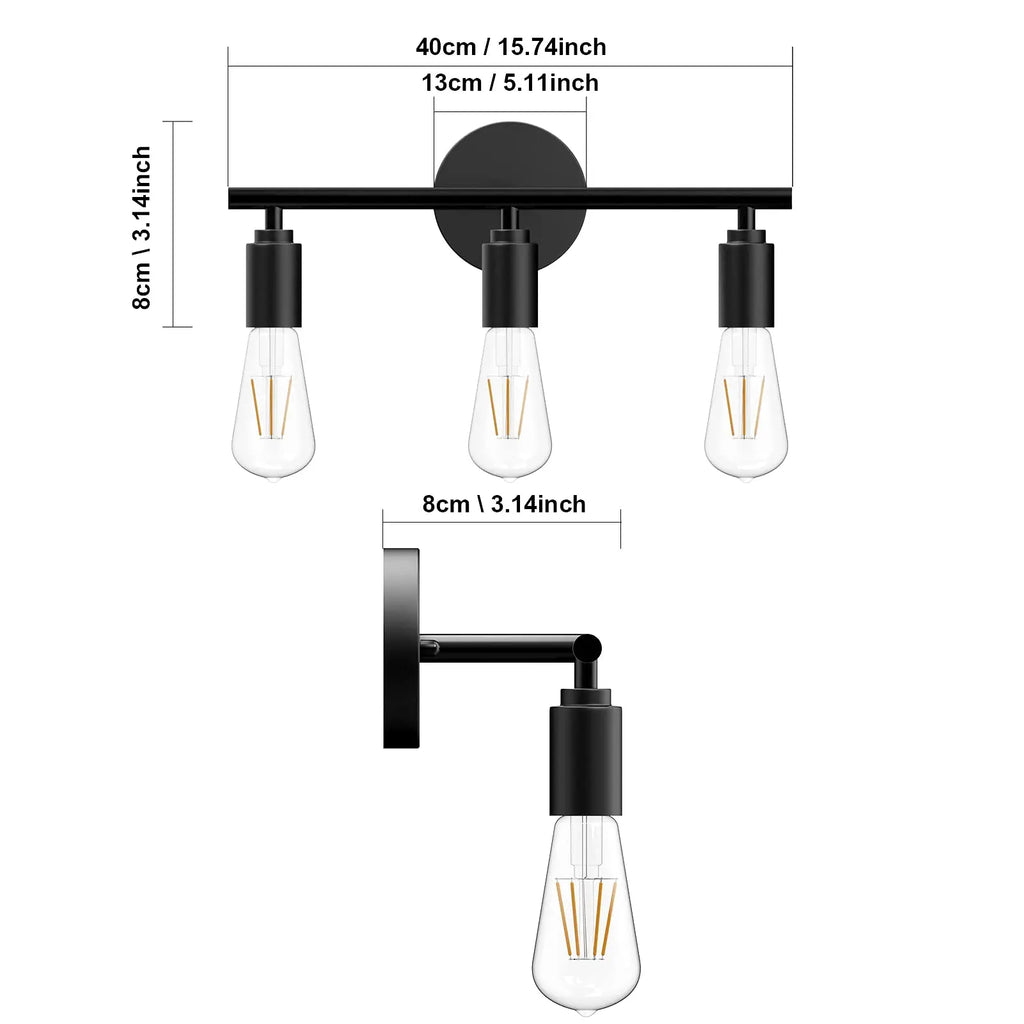 3 Heads Vintage Wall Lamp Bathroom Mirror Lamp Black Metal E26 E27 Modern Wall Light Indoor Aisle Hallway Living Room Bedroom De