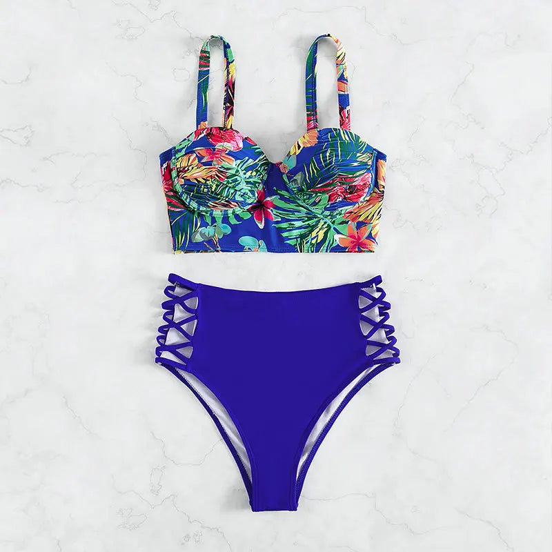 Ensemble de bikinis pigeonnants croisés imprimé tropical Cikini, maillot de bain taille haute fendu, maillot de bain d'été, maillot de bain pour femme, 2 pièces