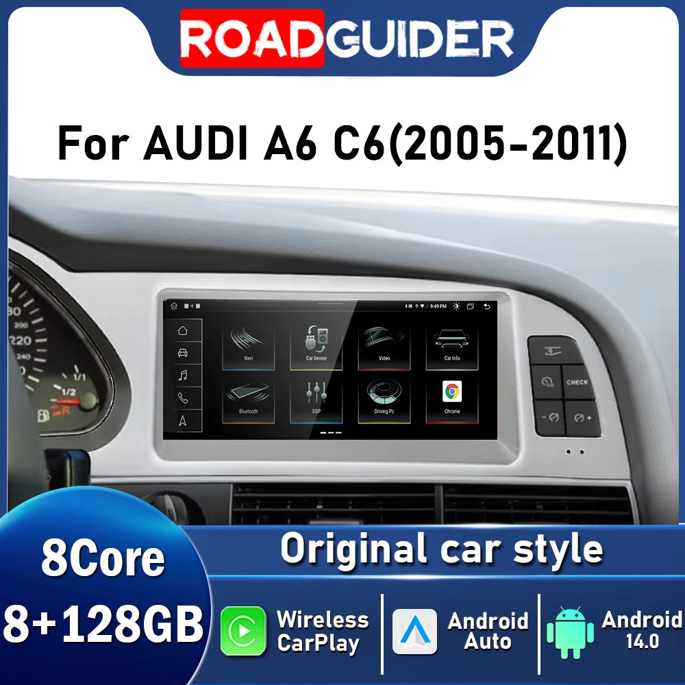 8.8inch Android 14 For Audi A6 C6 2005 - 2008 MMI 2G 2009 - 2011 MMI3G Car Radio Multimedia Player Navigation GPS Stereo CarPlay
