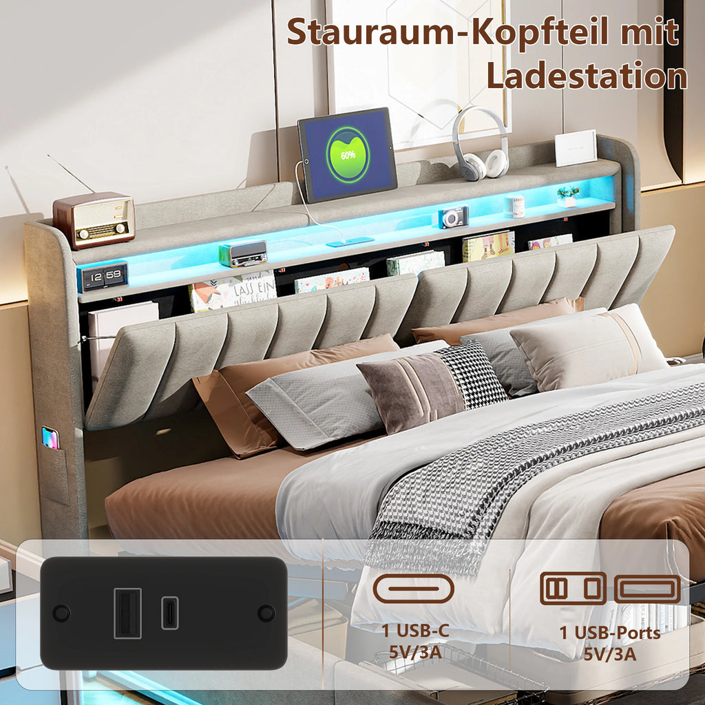 Anajqaqia 140×200 cm LED Upholstered Bed, Hydraulic Double Bed with Storage Headboard and Slatted Frame, USB charging, Velvet