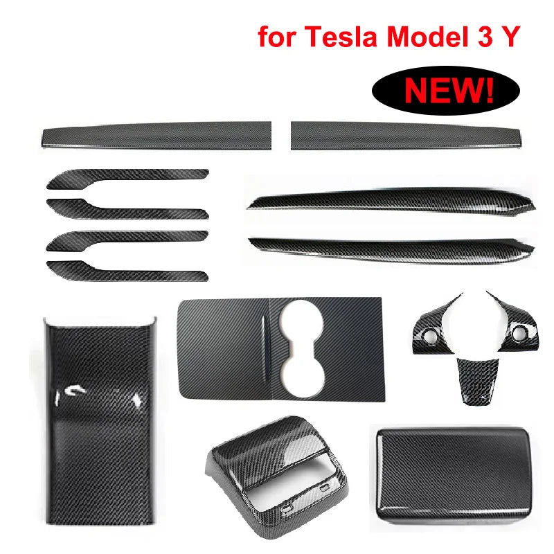 for Tesla Model Y 3 2023 ABS Carbon Fiber Center Console Wrap Cover Kit Dashboard Armrest Door Side Trim Sticker Accessories