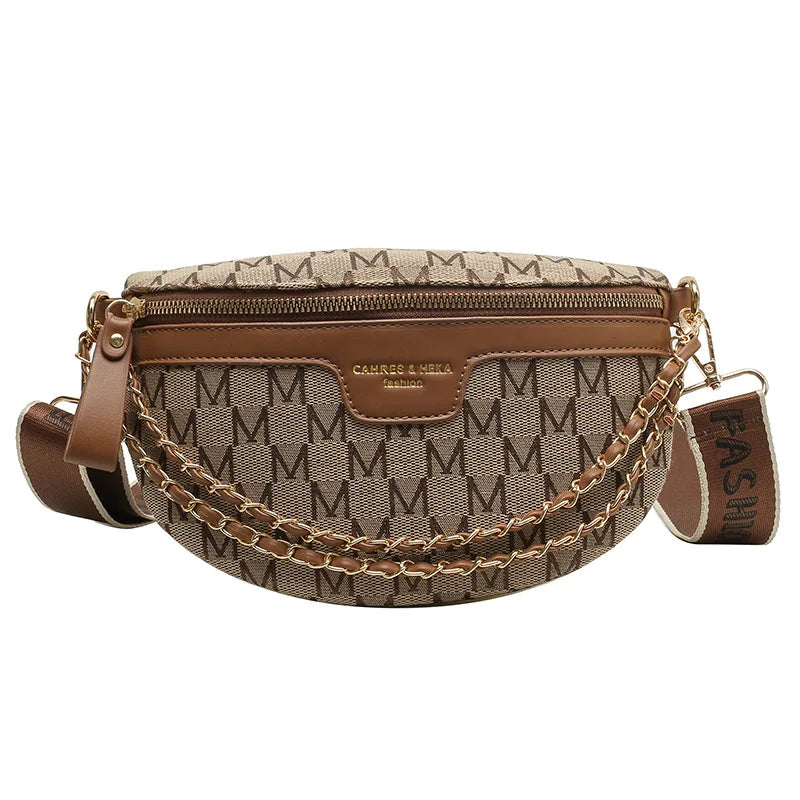 Printed Letter Plaid Pattern Fanny Packs For Women Fashionable Chain Waist Bag Female Waist Pack Ladies Wide Strap Crossbody Bag