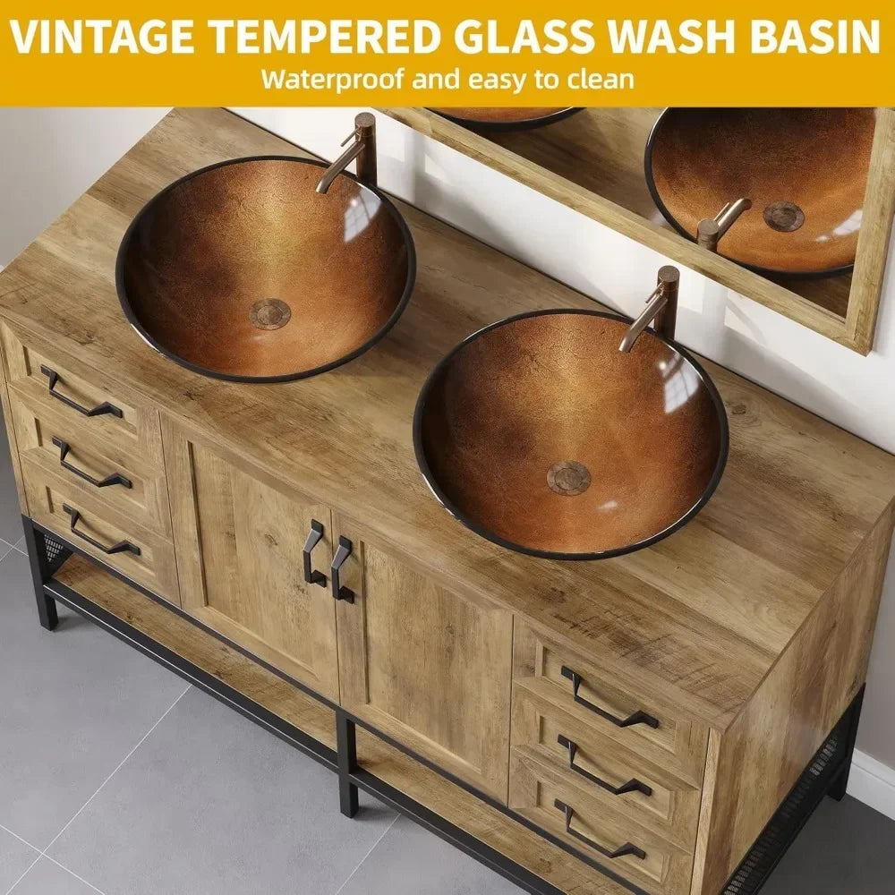 For 48" Double Bathroom Vanity, with Double Sink and Drawers Side Cabinet Combo Set & Shelf,Boat Tempered Glass Vessel Sink