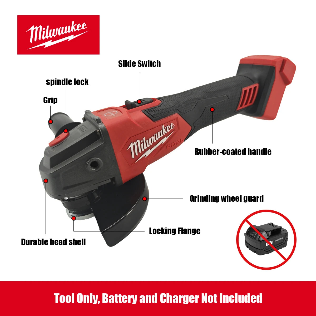 Milwaukee Angle Grinder 125mm Brushless Polishing Cutting Machine No-Lock Paddle Switch Electric Cordless Power Tools