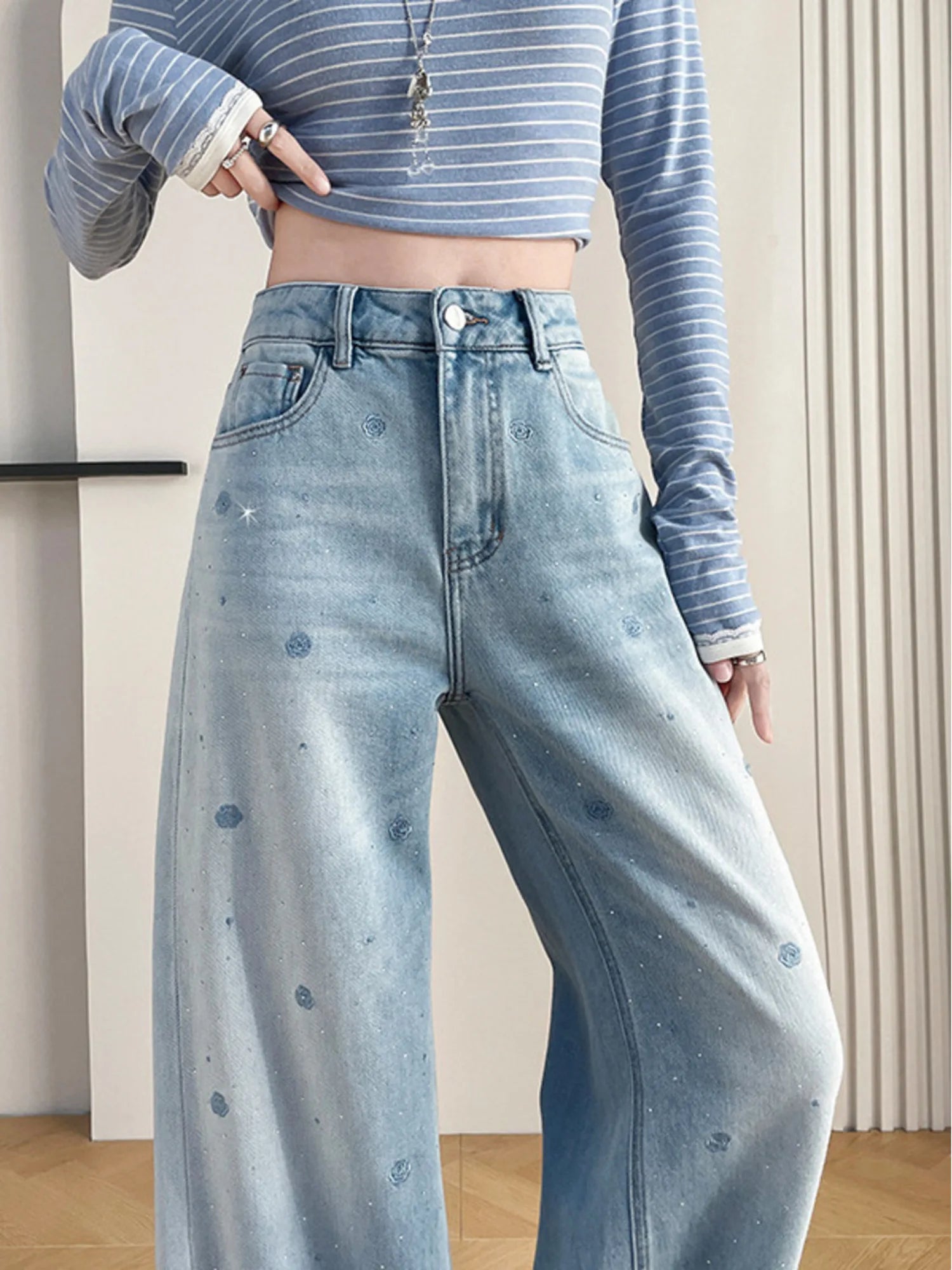 Floral Embroidered Wide Leg Jeans Women High Waist Rose Pattern Rhinestone Denim Pants Light Blue Loose Fit Cotton Stretch