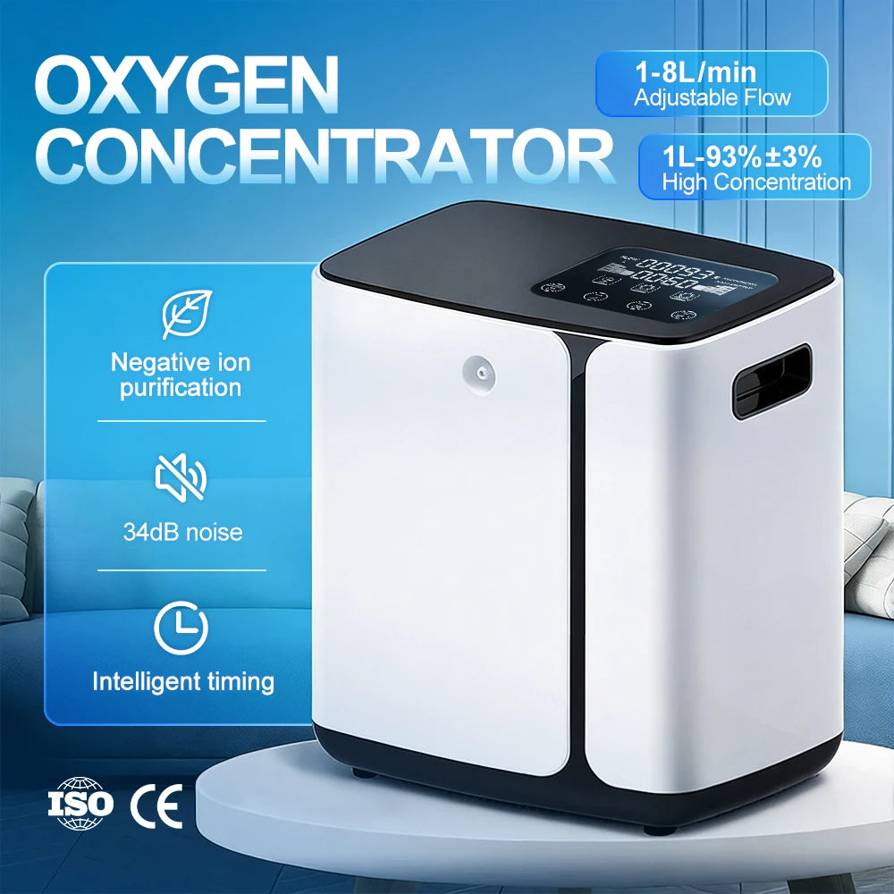 Portable Home Oxygen Concentrator 1-8L Adjustable 93% High Purity Low Noise 34dB Timing Quiet Oxygen Generator for Bedroom