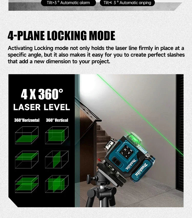 Makita Digital Laser Level 360-Degree X4 16-Line Self-Levelling Outdoor Vertical Cross-Line Tool for Precision Measurement