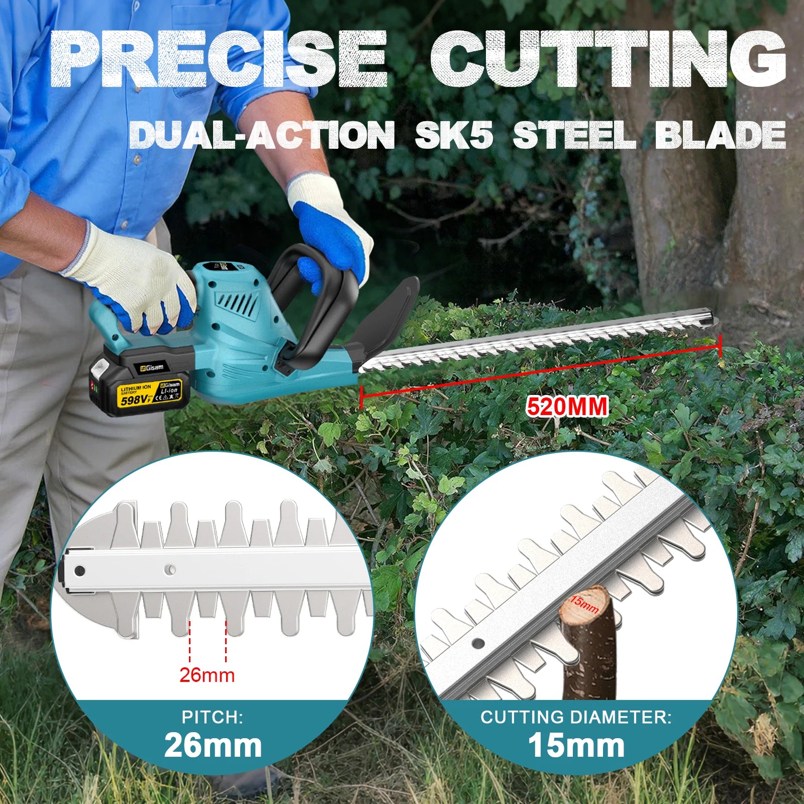 Gisam Cordless Electric Hedge Trimmer 2000W 7200SPM Pruning Saw Lawn Mower Garden Trimming Power Tool For Makita 18v Battery Pin