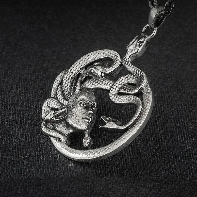 Vintage Gothic Snake Coiled Demon Skull Pendant Necklace for Men Boys Rock Party Halloween Jewelry Gift