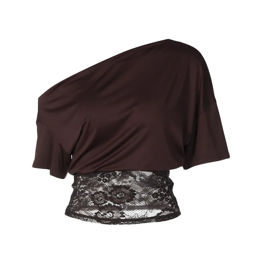Off-Shoulder Lace Patchwork Top Waist-Defining Lace-Trimmed See Through Top See Through Fabric Sleeveless Women Tops
