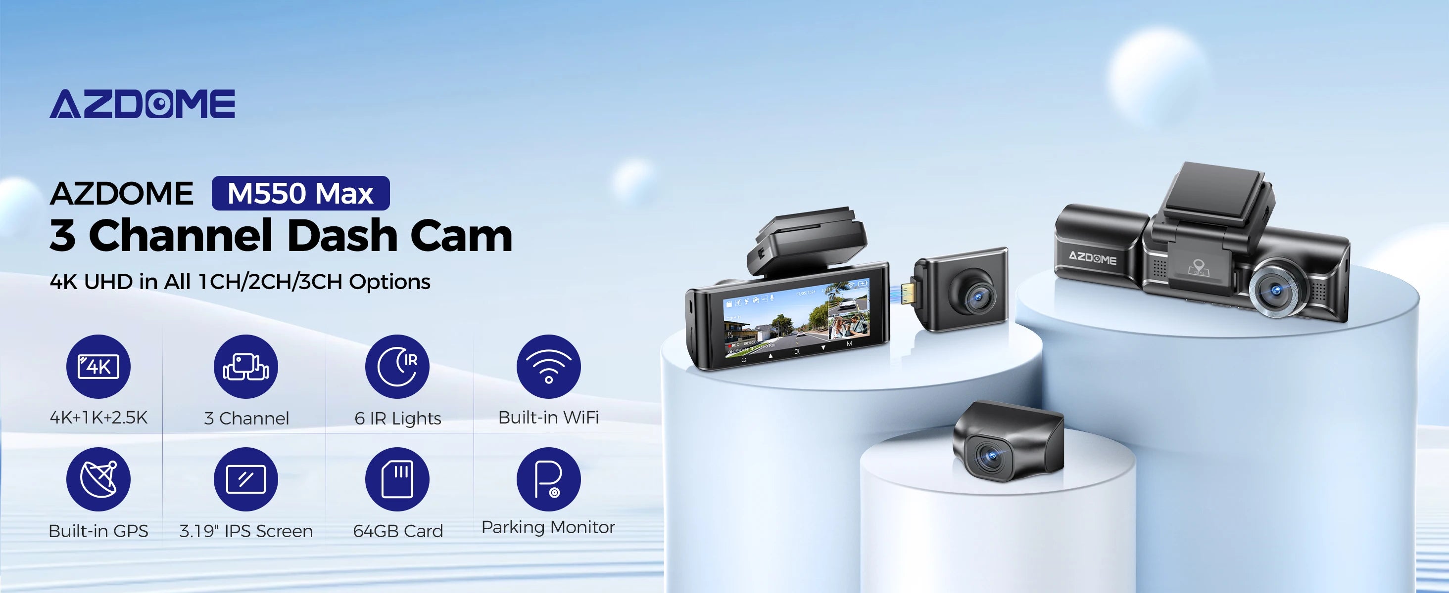 AZDOME 4K 3 Channel Dash Cam M550 Max Car Camera WiFi GPS Front and Rear Inside Recorder Car DVR IR Night Vision Parking Mode