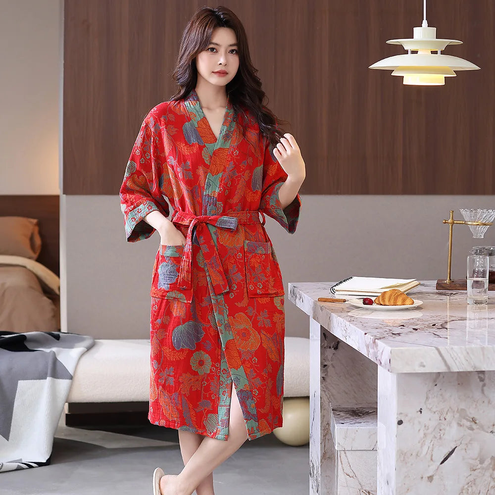 Spring and Summer Thin Cotton Double-layer Bathrobe Pajamas Home Wear Ladies's Absorbent Quick Drying Yukata Robes