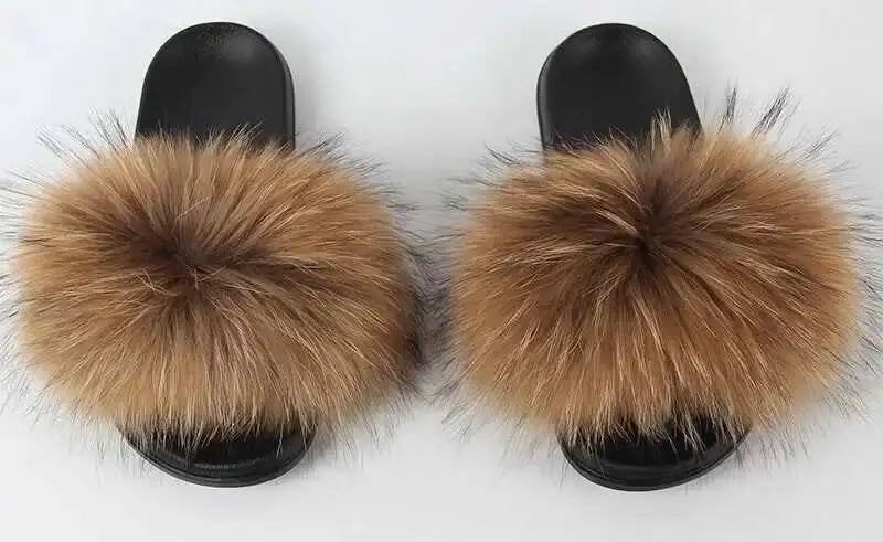 Real Raccoon Fur Slippers For Women 2023 Summer Fluffy Indoor House Fuzzy Flat Slides Outdoor Fashion Beach Sandals Flip Flops