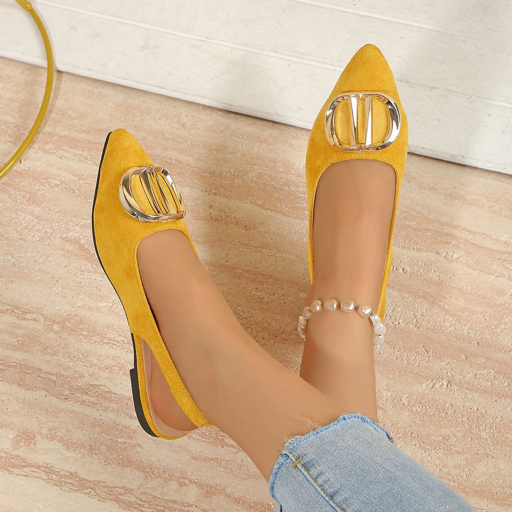 French Pointed-toe Metal Flat Shoes Baotou Sandals Shallow-mouth Single Shoes Foreign-style Explosive Internet Celebrity
