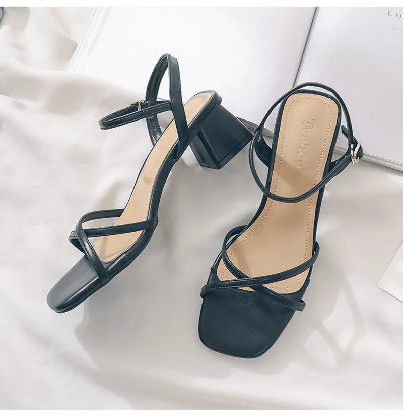 Comemore Comfortable 2023 Summer Block Heel Women's Sandals Girl Shoes Black Outer Wear Fashion Elegant Medium Heels Footwear 40