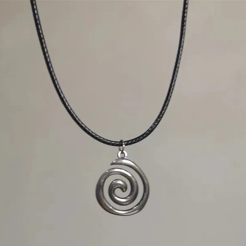 Y2K Spiral Vortex Pendant Necklace for Women Men Vintage Hand-woven Leather Rope Chain Necklace Grunge Jewelry Accessories