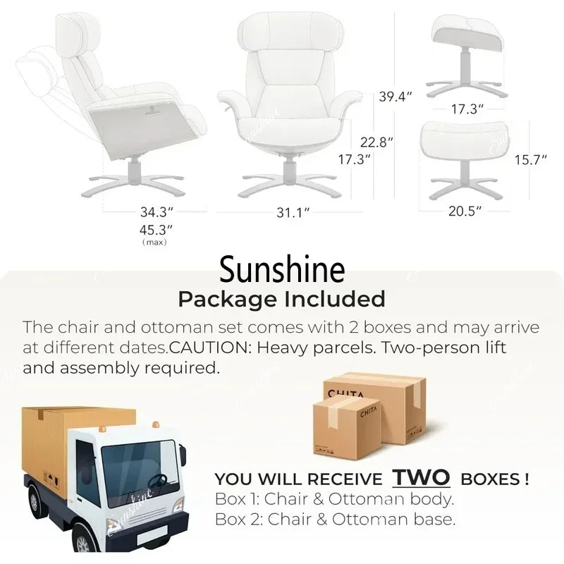 Leather Reclining Swivel Chair with Adjustable Headrest and Ottoman for Living Room, Saddle Color, Arm Rest, Cushion Included
