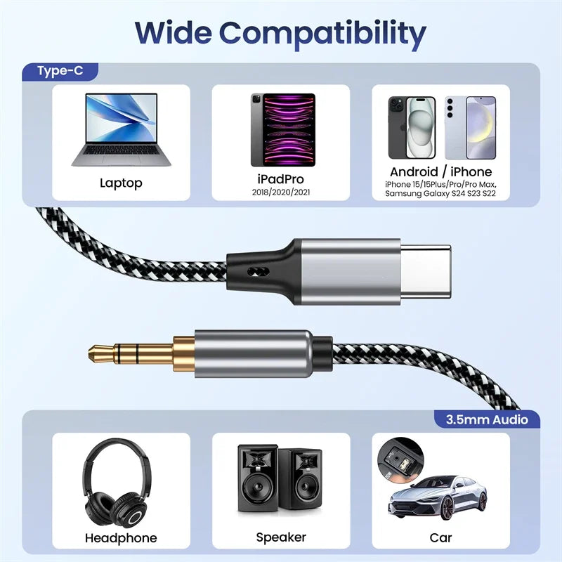 AUX Audio Cable Type C to 3.5mm Jack AUX Cord Car Speaker Headphone Adapter For Samsung Xiaomi Huawei Universal Type-C Converter