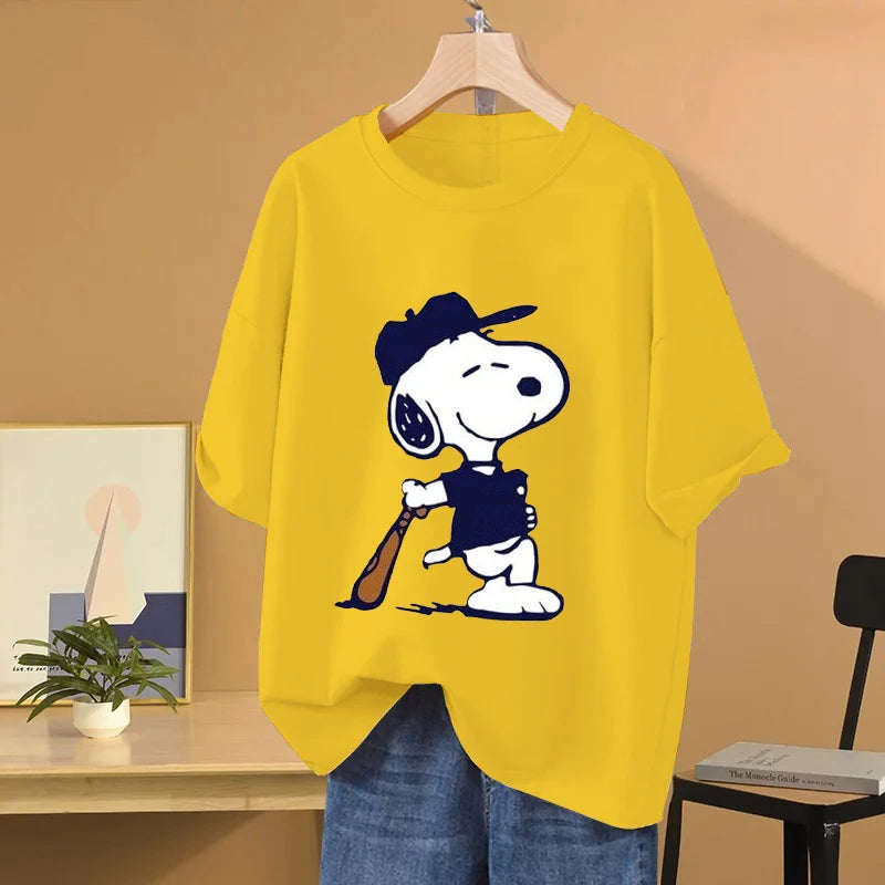 Snoopy Baseball Cartoon Anime Women T-shirt Summer Short Sleeve 100% Cotton Men Tee Shirts Tops 2025 New Fashion Couple Clothes