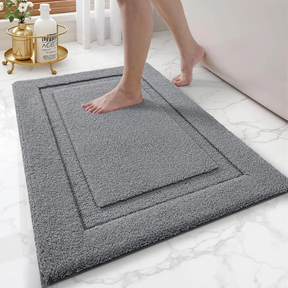 Non-Slip Rubber Backed Bath Rug, Absorbent Washable Mat, Quick Dry Plush Carpet for Bathtub and Shower, Grey, 16x24