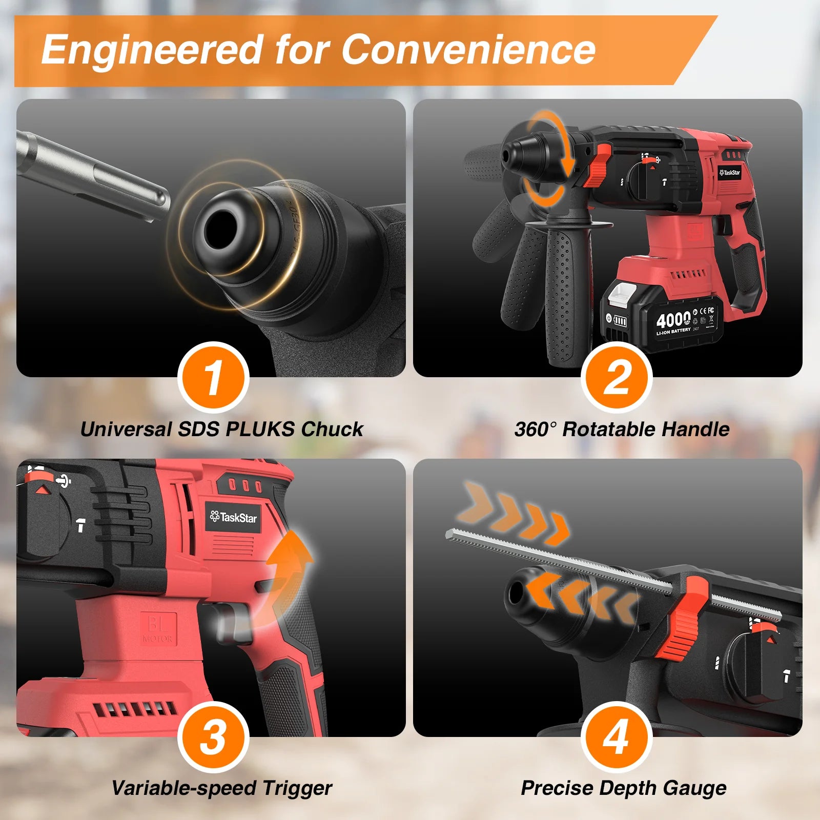Taskstar 30mm Electric Hammer Drill Brushless Multifunctional Rotary Hammer Cordless Impact Drill For Makita 18V Battery Pins