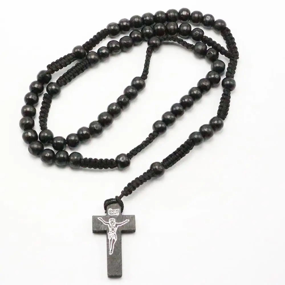 OPPOHERE Men Women Christ Wooden Beads 8mm Rosary Bead Cross Pendant Woven Rope Chain Necklace Jewelry Accessories