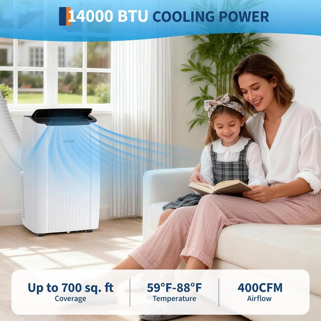 Climatiseur portable 14000 BTU, unité de climatisation 3 en 1 avec ventilateur, déshumidificateur et silencieux 48 dB, télécommande, rafraîchit jusqu'à 70 m², minuterie 24h, kits de fenêtre inclus pour chambre, bureau et dortoir