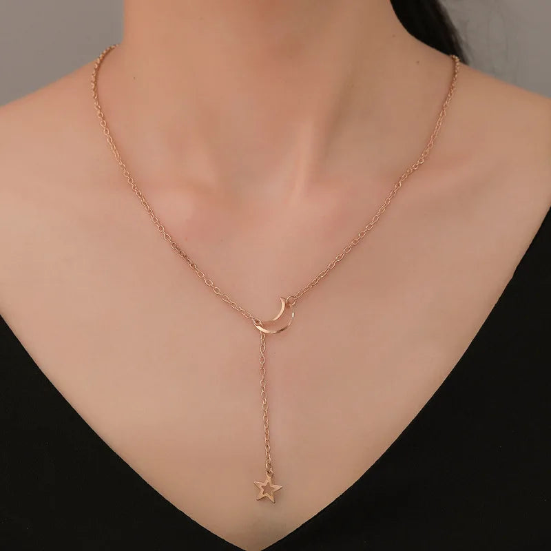 Trendy Moon Star Pendant Choker Necklace Simple Gold Color Alloy Charm Chain Collares Necklace For Women Party Jewelry Gift