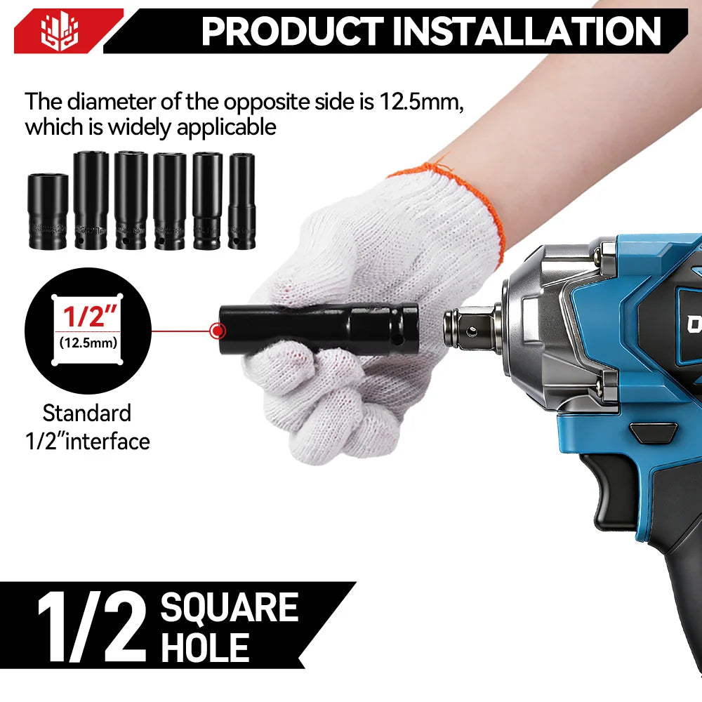 ONEVAN 1200Nm Brushless Electric Impact Wrench Cordless Wrench Socket Rechargeable 1/2Inch Power Tool For Makita 18V Battery Pin