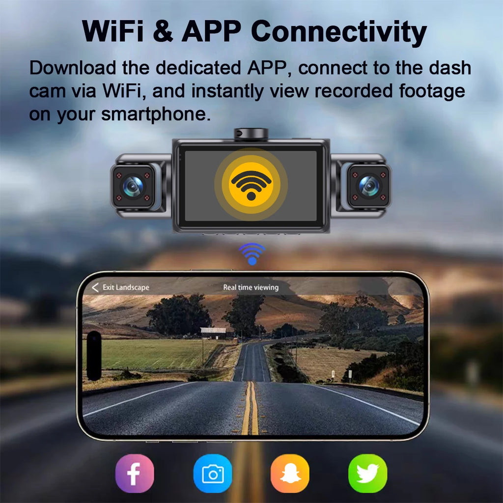Caméra de tableau de bord DVR de voiture 4 canaux 360° WIFI avant intérieure rotative avec caméra de recul et moniteur de stationnement 24h