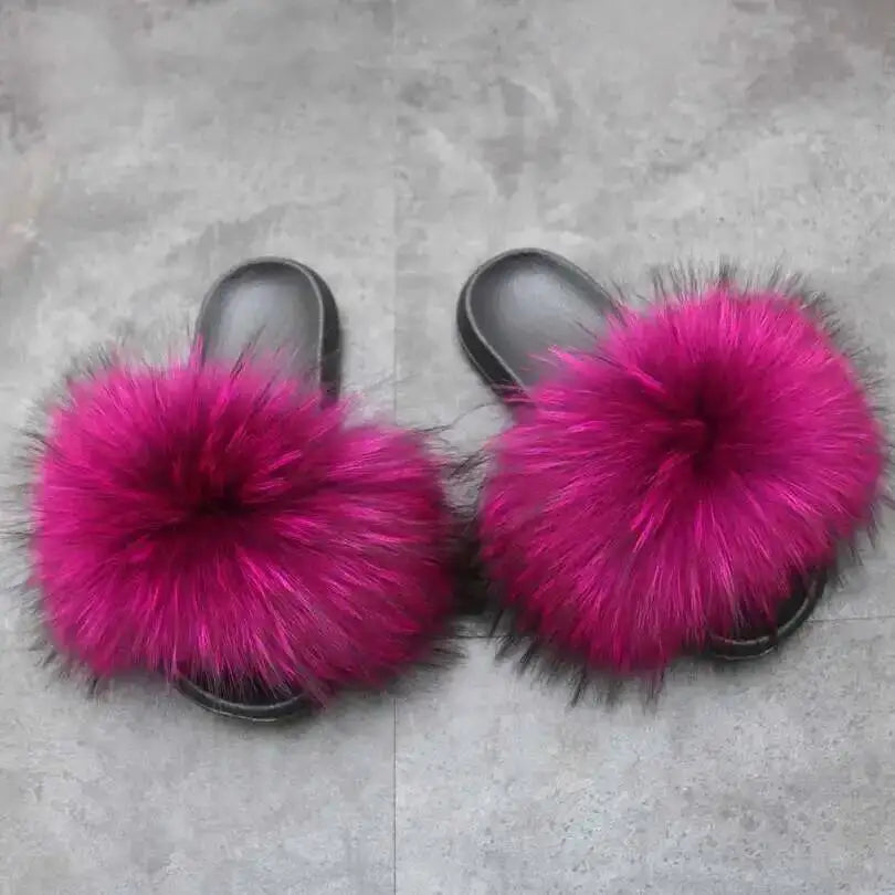 Real Raccoon Fur Slippers For Women 2023 Summer Fluffy Indoor House Fuzzy Flat Slides Outdoor Fashion Beach Sandals Flip Flops
