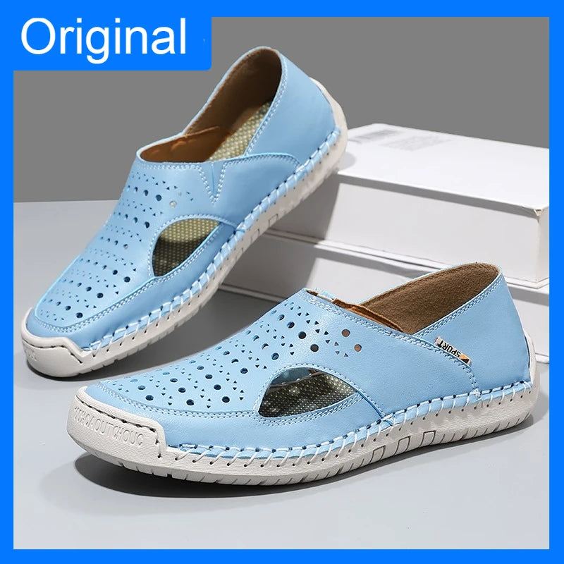 Unisex Sandals Hand Sewn Leather Hollow Out Outdoor Casual Shoes Comfortable Soft Summer Fashion Street Walking Shoes Women