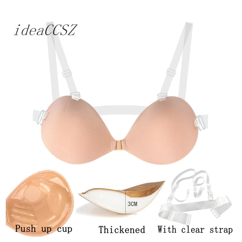 Soutien-gorge sans dos et sans bretelles pour femme, Push-Up adhésif, invisible, avec bretelles transparentes, en silicone, lingerie sexy