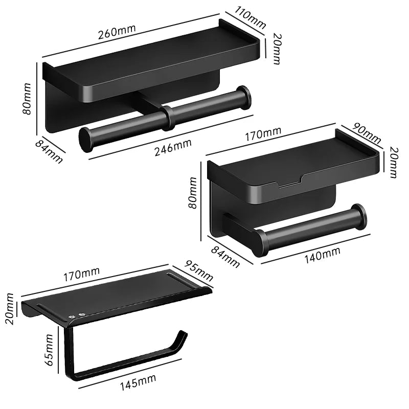 Support de papier toilette en alliage d'aluminium avec étagère murale et support de téléphone pour la maison et la salle de bain