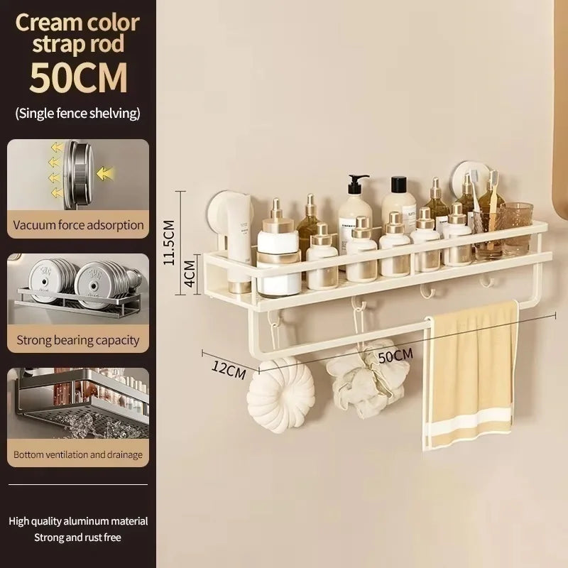 Étagère de salle de bain à ventouse sans perçage, support mural en aluminium pour salle de bain, organisateur de salle de bain à suspendre au mur
