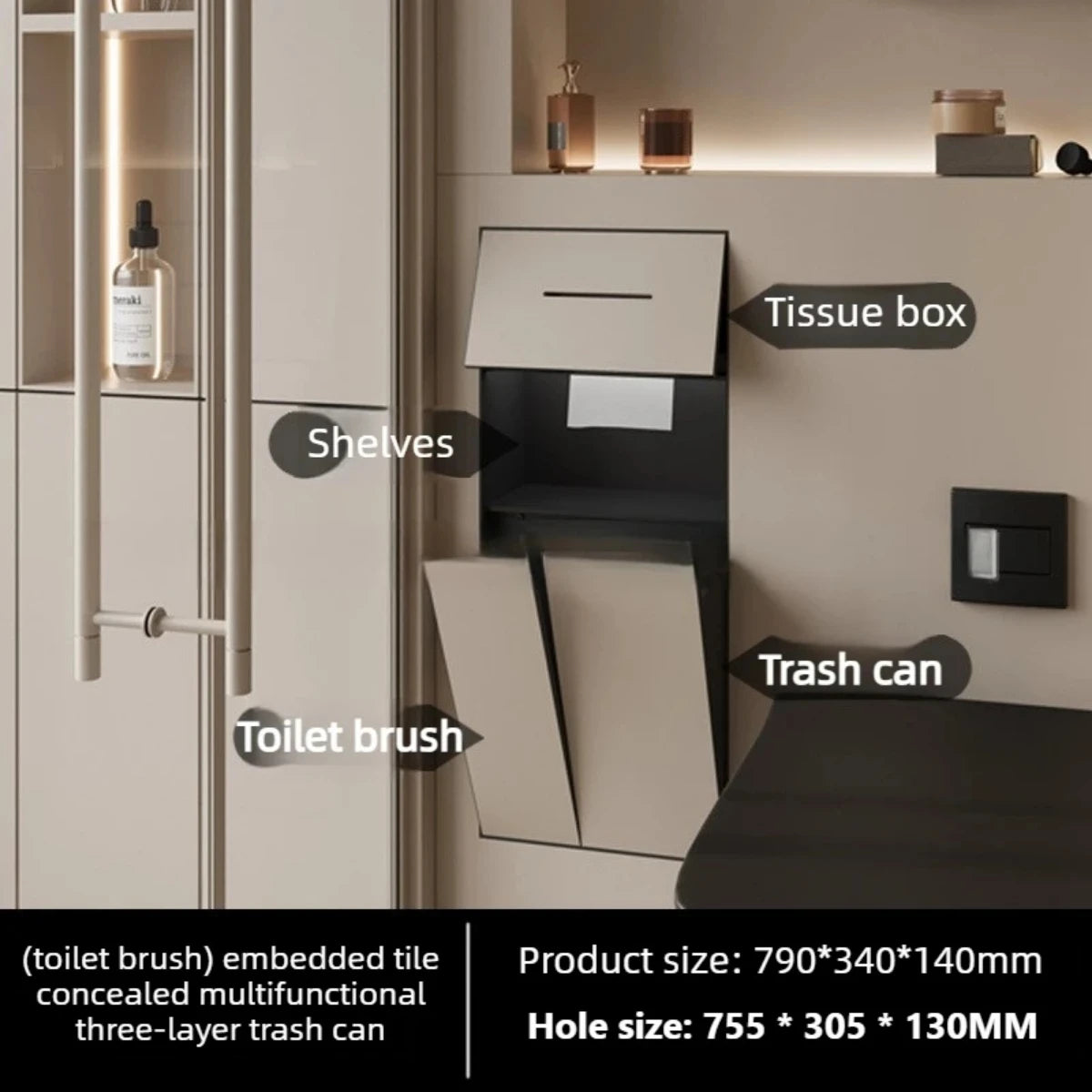 304 Stainless Steel Concealed Toilet Niche Concealed Garbage Bin with Hidden Trash Can Tissue Box Embedded Design