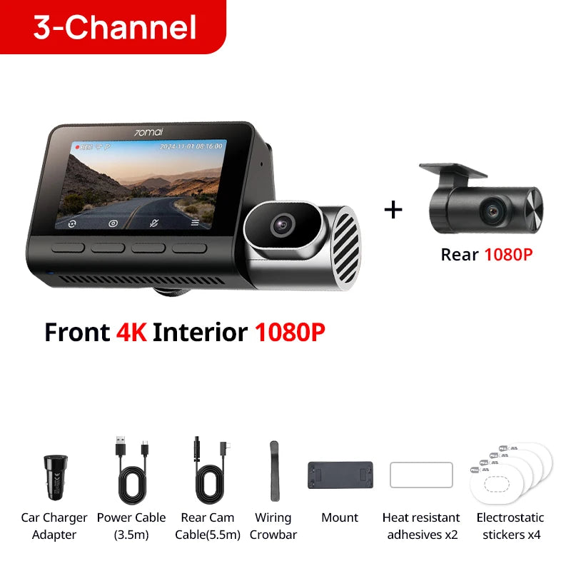 70mai T800 3-Channel HDR Car DVR Front 4K+Rear 4K/1080P+Interior 1080P Voice Control Super Capacitor GPS ADAS Support 4G Wifi 6