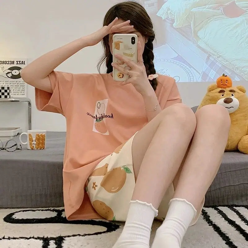 Women's Summer Short-Sleeved Short Pants Set, Youthful Teenage Student Oversized Loose-Fitting Casual Homewear Summer Set