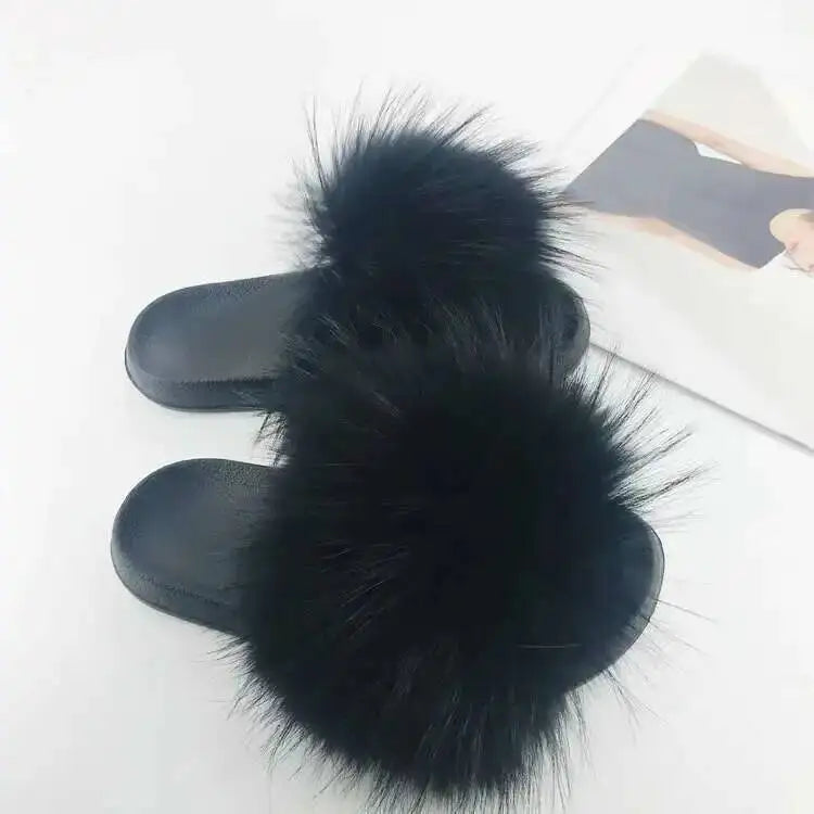 Real Raccoon Fur Slippers For Women 2023 Summer Fluffy Indoor House Fuzzy Flat Slides Outdoor Fashion Beach Sandals Flip Flops