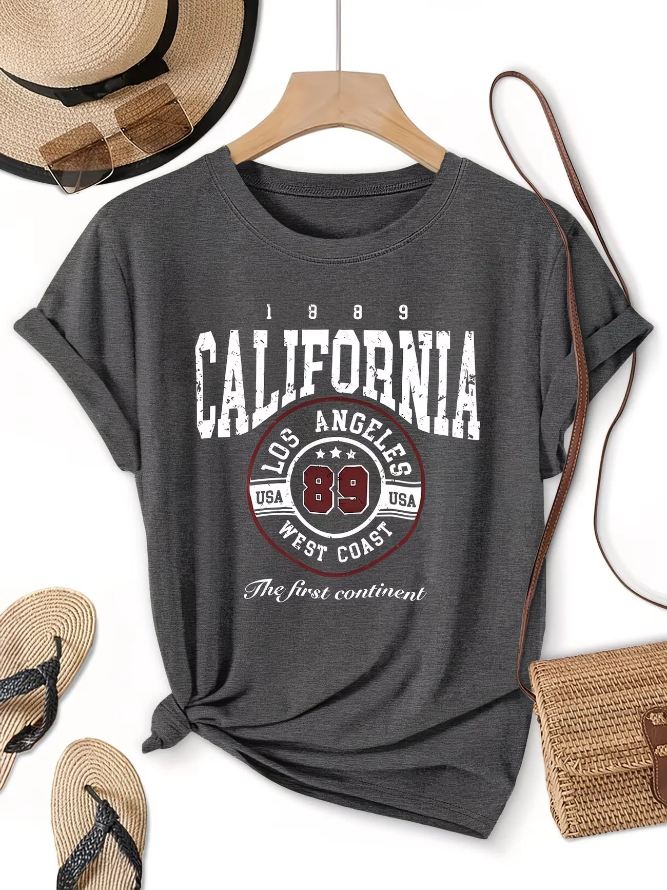 Col rond Manches courtes Style rétro américain Californie Los Angeles 89 Lettre Imprimé T-shirt Tenues décontractées pour femmes
