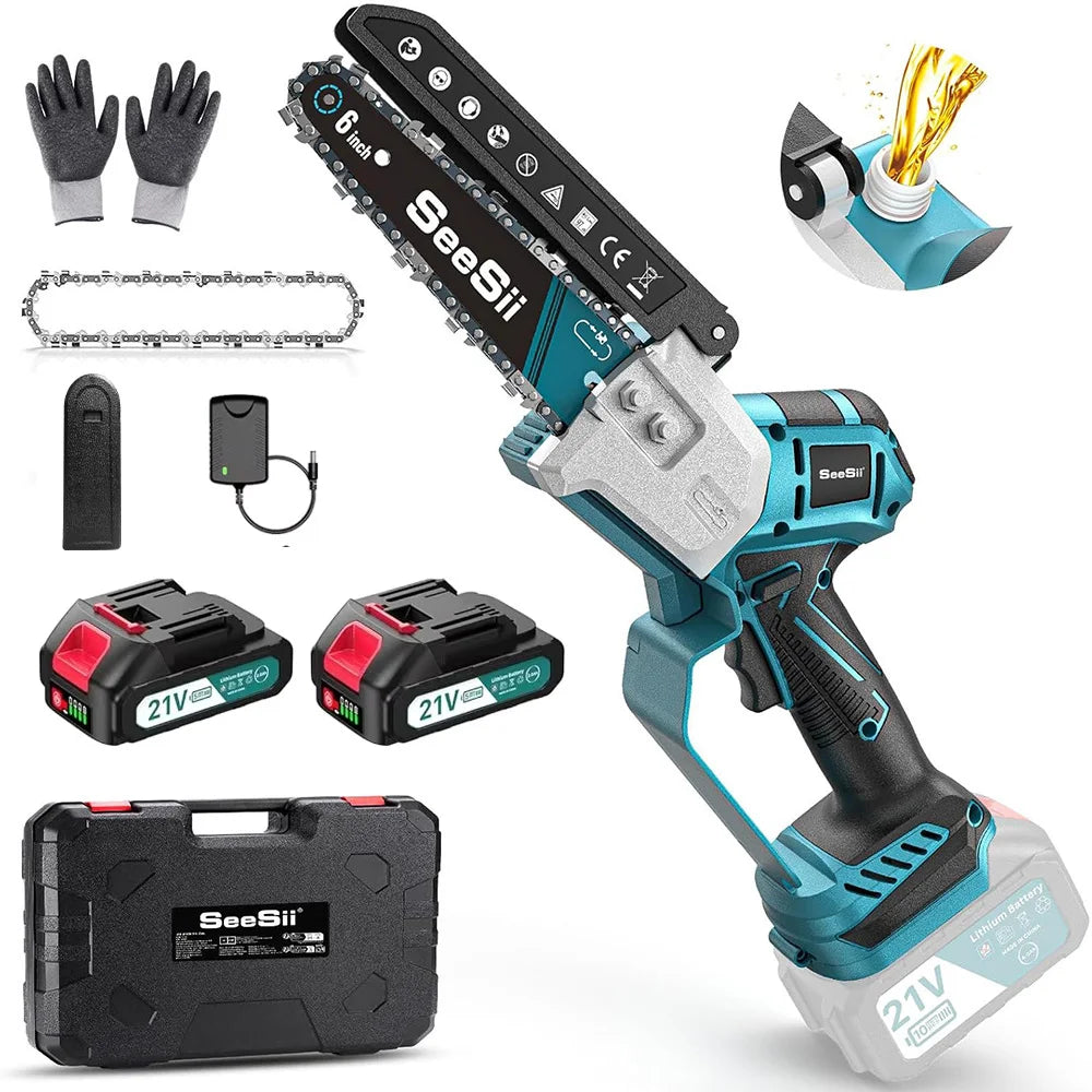 Mini Tronçonneuse Sans Fil Brushless Seesii 6'' Tronçonneuse Électrique Bois Jardin Élagage Tronçonneuse Électroportative avec Batterie Rechargeable pour Broches de Batterie Makita 18V