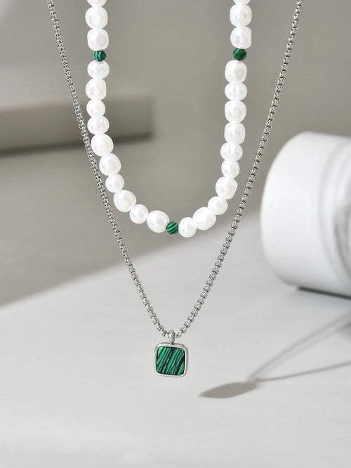 2PCS Fashion Trend Turquoise Pendant Men's Beaded Stainless Steel Necklace Casual Versatile Jewelry