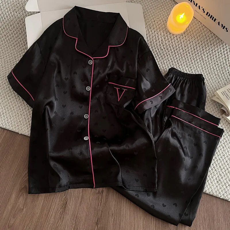 Nouveau pyjama d'été fleuri pour femme, ensemble de pyjama d'été frais à manches courtes et pantalon en soie glacée pour fille, photos réelles