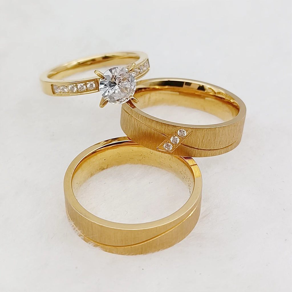 3pcs Wedding Engagement Rings Sets For Men and Women Bridal Lover Alliances 24k Gold Plated Jewery Marriage Couples Ring