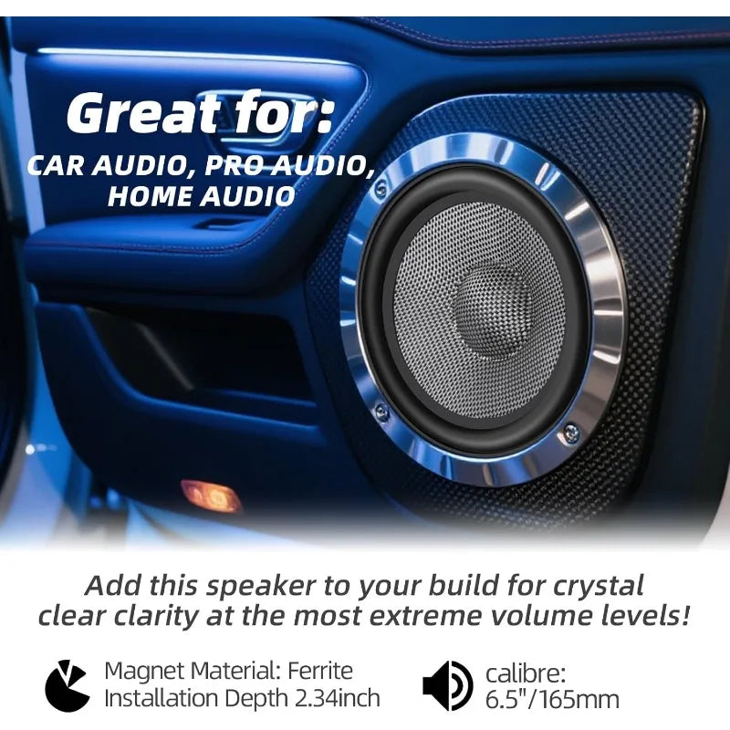 2pcs 6.5 Inch Car Midrange Speakers 300W Carbon Fiber Cones 4 Ohm Mid-Bass Stereo Audio For Car & Home Theater System Upgrade
